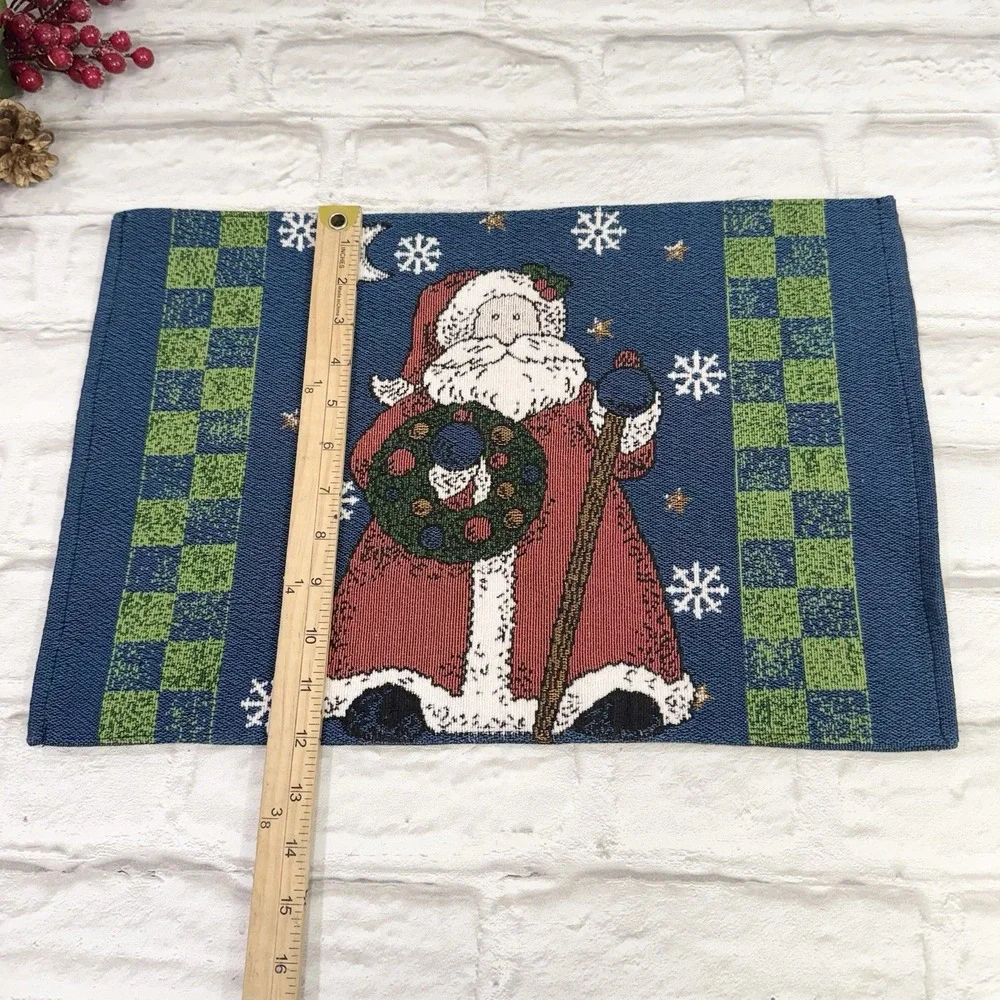 Vtg Tapestry Christmas Placemats Folk Art Santa Blue Green Plaid Cottagecore 2